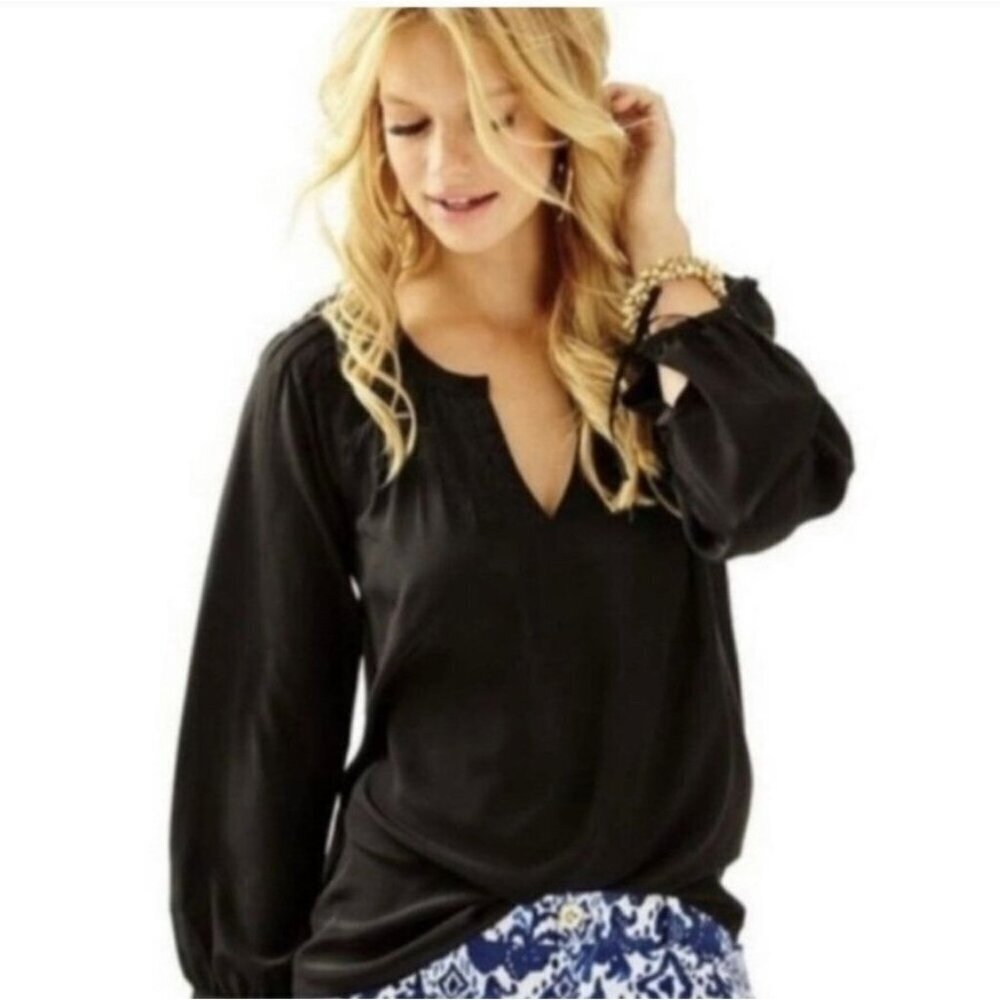 Lilly Pulitzer Silk Blouse Quiet Luxury V-Neck Pintucked Minimalist XS Black